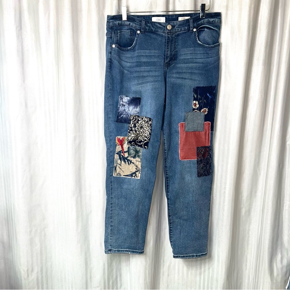 LOGO by Lori Goldstein Blue Patchwork distressed Boyfriend Jeans size 12